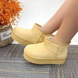 Women BEIGE Winter Slip On Warm Fur Suede Snow Ankle Boots Slipper 2 Inch Sole